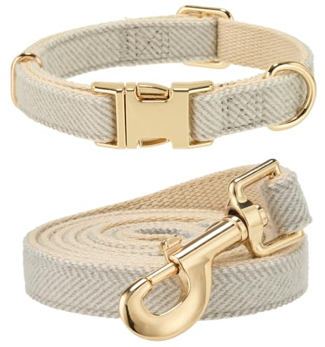 YUDOTE Hundehalsband und Leine Set Klein, Weiche Reizfreie natürlicher Baumwolle mit Twillgewebe für Hund mit empfindlicher Haut, Grau