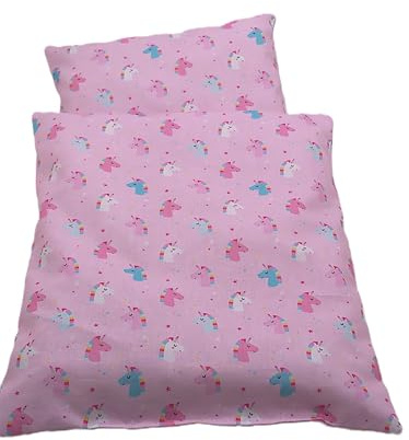Puppenbettwäsche Einhorn aus Baumwolle, Verschiedene Modelle für kleine Puppenwagen, betten (rosa D. 27b x 33h, K. 23b x 16 cm,)