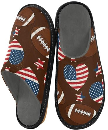 JUNZAN Pantofole a forma di pallone da calcio con bandiera americana, per donne e uomini, in memory foam, per camera da letto e interni,, Marrone, 4-5 Women/5-6 Men