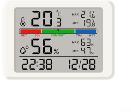MoSundi Termometro digitale LCD igrometro con monitor di temperatura interna e sveglia, retro magnetico, memoria max/min, formato 12/24 ore, display °C/°F, nero