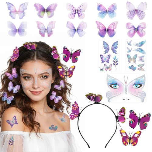 Becellen 14 Stück Schmetterling Kostüm Damen, Karneval Haarreif Fasching Und 10 Stück Schmetterling Haarspangen Accessoires Haarreifen Fasching Butterfly Zubehör for Karneval Stage Performances Hallow