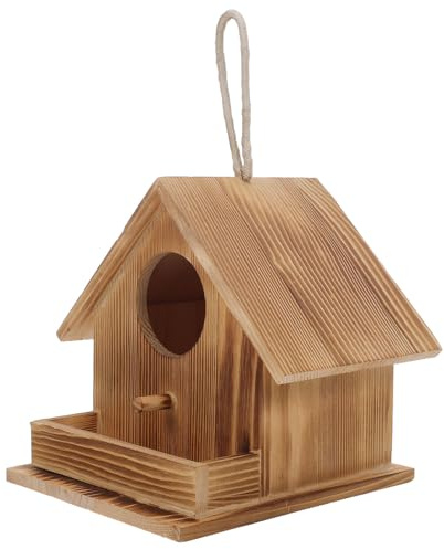 GALPADA Nido de Colibrí Colgante de Madera Maciza para Exterior, Casa para Pájaros Pequeña de Pino Quemado 17.5x18.2x17.2 Cm, Refugio Seguro para Jardín, Porche y Patio