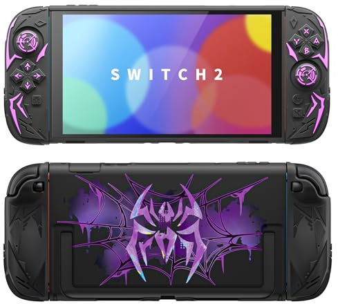 PlayVital pour Switch 2 Coque avec Housse Grip en Silicone pour Joycon | Coque ergonomique en silicone rigide dockable avec capuchons de joystick - Skin résistante aux chocs - Cyber Spider - Noir