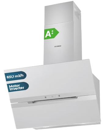 Hyundai Campana Extractora Inclinada 60cm, Cristal blanco, HCDE60DCW00. Potencia 831m3/h, 3 Velocidades, 2 Filtros, 64 dB Nivel Sonoro, Control Táctil, Filtros aptos para Lavavajillas