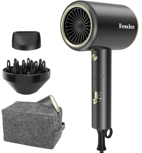 Hårtork hårtork 150 000 varv/min, hårfön 26 m per sekund, 12 x 8 x 21 cm | Hair Dryer låg ljudnivå med diffusor/stylingmunstycke/resefodral – miniresehårtork för kvinnor/män