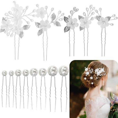 Lot de 13 Accessoires de Cheveux Mariage, Épingles à Cheveux Argentées avec Perles et Motifs Fleurs et Feuilles pour Mariée, Demoiselle d'Honneur et Invitée (Set 2)