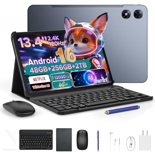 Luzglo P13 Pro Tablet 13.4 Pulgadas 120Hz Android 16, 48GB RAM + 256GB(TF 2TB) Tablet con Teclado y Lapiz, T7280 Octa-Core, 12000mAh/18W, 16MP+8MP, Gemini AI, Widevine L1, Face ID, Dual SIM 4G, Gris