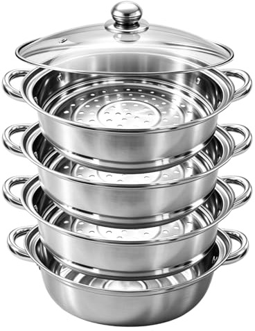 Chingcoo Steamery Ångkokare & ångkokare 28 cm – ångkokare i rostfritt stål med insats, 4 nivåer köksredskap med lock för grönsaker, skaldjur, soppor, grytor och pasta (fyr 4)