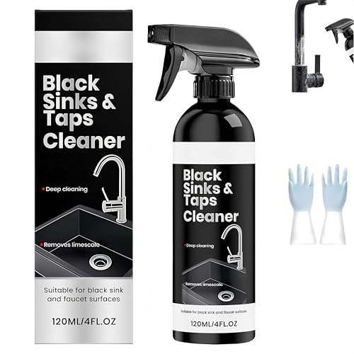 Eliminador de manchas de agua dura para grifos negros, removedor de cal y residuos de agua, spray de limpieza suave para accesorios en negro mate, 120 ml (incluye guantes) (1Piezas)