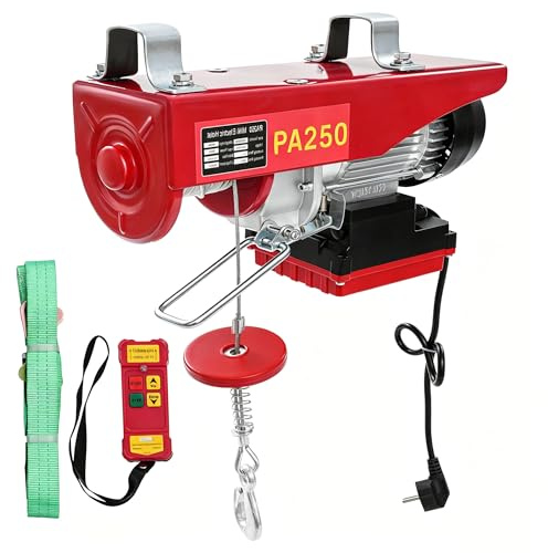 Argano elettrico da 250 kg con telecomando, cavo in acciaio da 12 m, rivestimento per officina e garage, sollevamento elettrico da 230 V, puleggia con motore da 550 W (rosso)
