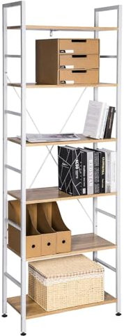 WOLTU Standregal, Regal mit 6 Ebenen, Bücherregal, Küchenregal, Regal schmal, Lagerregal stehend Wohnzimmer, 60x180x28 cm, weiß helle Eiche RGB9307whe