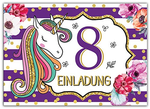 Junaversum 12 Einladungskarten zum 8. Kindergeburtstag Mädchen Einhorn Unicorn Einladungen zum achten Geburtstag achte