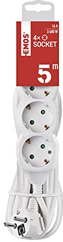EMOS - Bloc multiprise 4 Prises 5 m - 4 Prises Schuko orientées à 45° - 250 V, 16 A, 3680 W - Isolation PVC de qualité supérieure - H05VV-F3G 1,5 mm² - Protection renforcée Contre Les Contacts - IP20