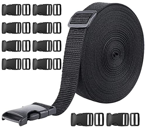kuou 10 Metres Nylon Heavy Webbing Strap, Flat Side Release Buckles for DIY Craft Backpack Strapping(1 Inch Wide)