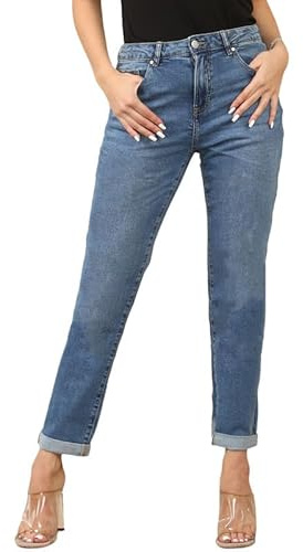 Womens Ex M&S High Waisted Straight Leg Jeans Ladies Turn Up Stretch Pants (Blue, 10)