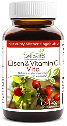 Cellavita Eisen & Vitamin C Vita | Kombiprodukt mit Eisen & Vitamin C aus Acerola Kirsche & europäischer Hagebutte | (90 Kapseln im Glas)