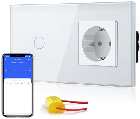 BSEED Smart Alexa Wlan Lichtschalter Ohne Neutralleite mit KEIN wifi Steckdose, WIfI Touch Schalter aus Glas, Alexa und Google Home Work mit Tuya, 1 Fach 157mm Weiß
