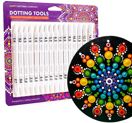Dotting Tools for Painting Mandalas - Happy Dotting Company - 16pc Double Ended Super Set for Mandala dot Art - Includes Stylus - Unique Ellipse Tool - for Painting Rocks DIY Stone Craft and Canvas