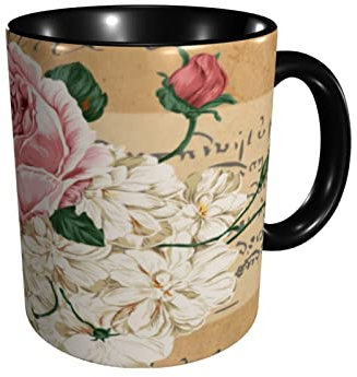 AOOEDM Tazze da caffè in ceramica vintage shabby chic rosa rose floreali da 11 once novità tazza da tè regali per ufficio e cucina di casa adatta al microonde