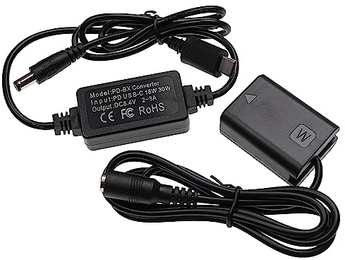 vhbw USB Netzteil kompatibel mit Sony Alpha 5000, 6100, 3000, 5100, 6000 Kamera, Digitalkamera + DC Kuppler (Ersatz für Sony), 2m