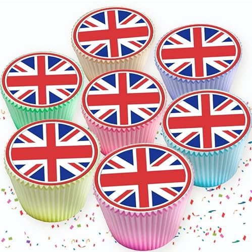 24 x UNION JACK FLAG VE DAY OLYMPICS CORONATION JUBILEE 4.5 cms EDIBLE ICING CUPCAKE TOPPERS DECORATIONS UJ69