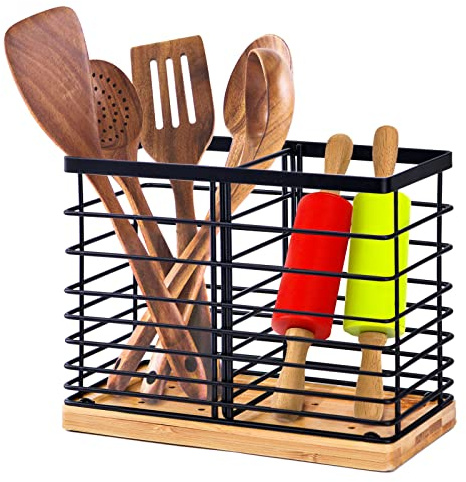 GYBOOM Utensilienhalter für Küchentheke, Küchenarbeitsplatte Utensil Organizer, große schwarze Edelstahl Utensil Schale mit hölzernen Basis,2Fächer Küchenutensilien Caddy