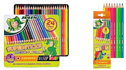 JOLLY Supersticks Classic Farbstifte | Metallic-Mix & Superstick Neon Buntstifte Farbstifte | Kinderfest und Bruchsicher | Ungiftig | extra dicke Mine | 8 Stifte im Kartonetui
