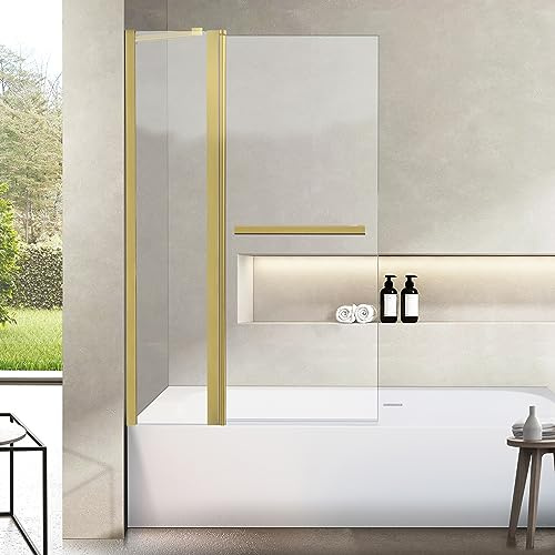 Bathroom Pivot Tub Glass Door 36 W*55 H, Folding Bathtub Shower Door Screen with Tempered Glass, Frameless Glass Shower Door with Handle and Support Rod in Brushed Gold