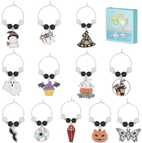 SUNNYCLUE 1 Box 12Pcs Halloween Wine Glass Charms Glass Identifier Charms Glass Markers Bulk Silver Drink Charms Glass Identifiers for Gathering Halloween Party Favor Drinks Decor