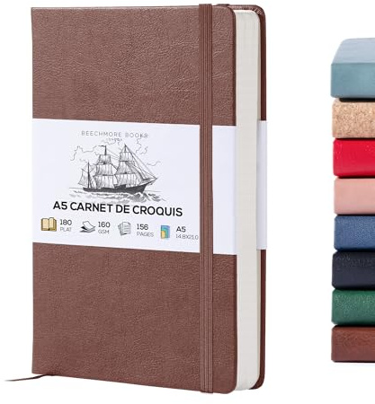 Beechmore Books A5 Sketchbook– 5.8”x8.3 Premium Vegan Leather Bound Large Sketch Book Hardcover with 156 Thick 160gsm Perforated Ivory Pages, Blank Sketch Pad, Gift Boxed Back Pocket, Ribbon Bookmark