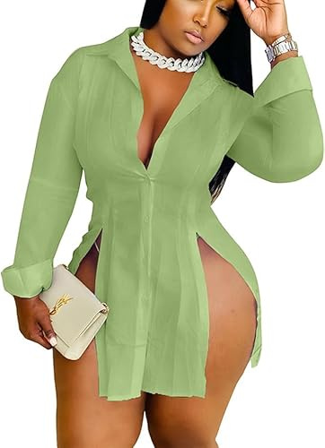 Fuiuwhs Sexy Shirts for Women Button Up Shirt Dress Birthday Outfit Stand Up Collar Button Front Blouse Green XL