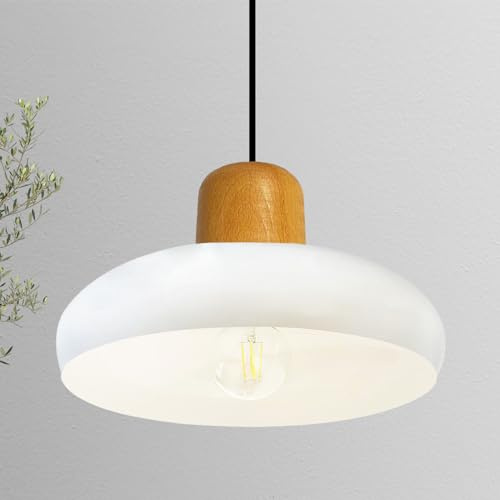 bamyum Androa Hängelampe Esstisch Weiß Metall Ø40 cm 1 flamming, Deckenlampe, Pendelleuchte Holz Deckenleuchte Küchenlampe Hängend Vintage, Lampenschirm Wohnzimmer