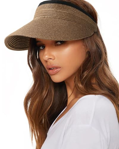 FURTALK Sun Straw Visor for Women Summer Packable Ponytail Beach UPF 80+ Sun Hats for Travel, Coffee
