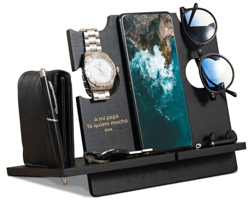 LAC Docking Station Holz Personalisiert Vatertagsgeschenk - Organizer Nachttisch Bruder Geschenke für Männer Geburtstag (Schwarz)