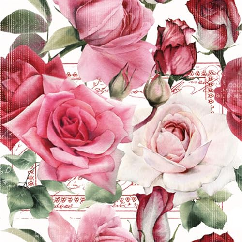 Servietten Papier 33x33cm 3-lagig 20 Stück - hochwertig & nachhaltig - Einweg Hochzeitsservietten - Papierservietten für Hochzeit Gastronomie Alltag - Rosen mit Briefmarke Rot Rosa Hellrosa