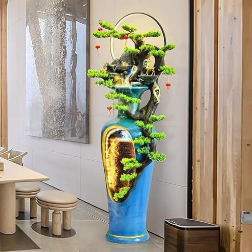 Élégante fontaine à bonsaï en résine avec intérieur éclairé et accents de cerf doré, fontaine à eau sur pied, décoration d'intérieur, cascades zen japonaises (60 x 42 x 176 cm)