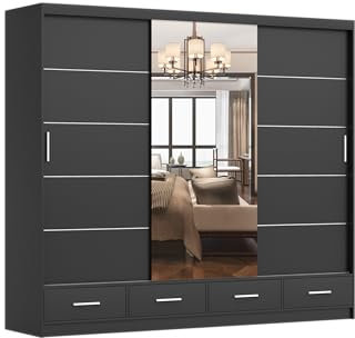 Fabryka Mebli Idźczak Kleiderschrank mit Spiegel schwarz -Schwebetürenschrank - Schlafzimmerschrank - 61 x 250 x 218 cm - Wohnzimmerschrank - Garderobenschrank Schrank mit Zwei Türen, 4 Schubladen