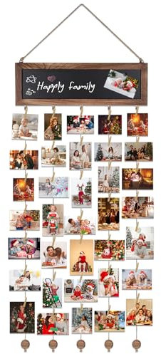 Wall Hanging Photo Display with 30 Wooden Clips and 3 Magnetic Stickers, Wall Hanging Photo Collage Decor Frame, Collage Hanging Picture Frames with String for Bedroom Living Room Dorm