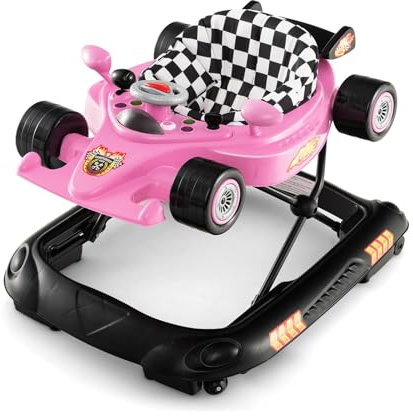 RELAX4LIFE Girello Primi Passi Macchina 4 in 1 per Bambini, con Vassoio Musicale Rimovibile, 3 Altezze Regolabili, Sedile Imbottito, Telaio Antiribaltamento, per Neonati 6 Mesi + (ROSA)