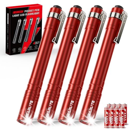 GEARLITE Pen Torch 4 Pack, IPX4 Waterproof Pen Torches Battery Powered with Clip, Lightweight Small Pen Torches Led Super Bright,Small LED Torch Perfect for Emergency, Inspection, Work (Red)