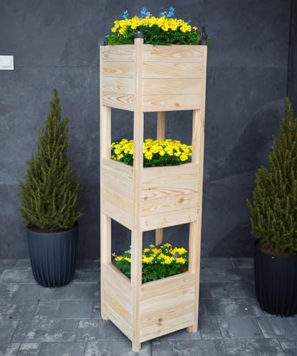 TIMBERMIK Holz Blumenkasten Groß Außen & Innen 35x35x135 cm Getrocknet Gehobelt Pflanzkasten Blumenkübel 3 Etagen XXL Hochbeet