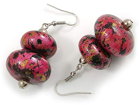 Pendientes de gota de madera con cuentas dobles de 55 mm de largo, rosa fucsia, negro/dorado