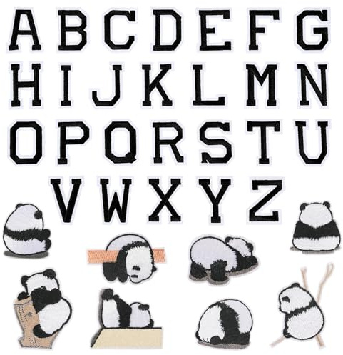 Bügelflicken Kinder, 34 Stück Bügel Patches Kinder, Bügel Buchstaben A–Z und Panda Sticker zum Aufbügeln, Aufbügeln Aufbügelflicken Sticker zum Aufnähen für T-Shirt Jeans Kleidung Hüte Taschen