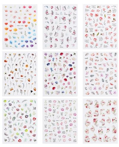 9 Hojas Pegatinas Uñas, Nail Art Stickers, Primavera Pegatinas Para Uñas, Autoadesiva Nail Art Decoración, Flores Decorativas Etiqueta Adhesivos para Decoraciones de Bricolaje