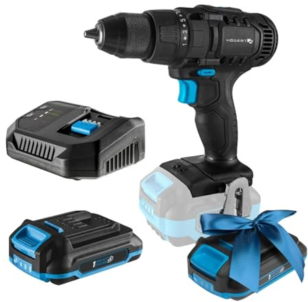 HÖGERT TECHNIK Batteridriven skruvdragare, borrsats, 18 V, 50 Nm vridmoment, batteri 2,0 Ah, 4A laddare, metallväxel, LED-belysning, borrchuck Auto Lock + PROMO 2,0 Ah batteri