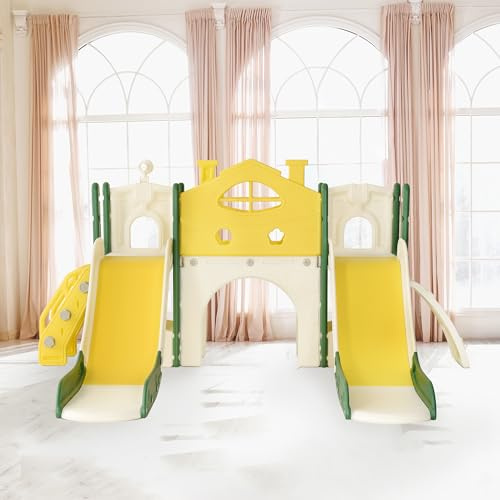BestAlice 7-i-1-rutschkana för barn från 1 till 3 år, inomhus- och utomhusrutschkana med korg och teleskop, lekplats inomhus för spädbarn (dubbel glid)