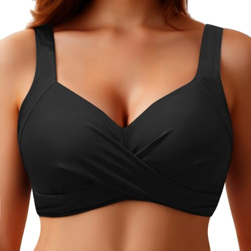 Women Underwire Bikini Tops Push Up Swim Top Sports Yoga Bra with Padded V Neck Bathing Suit Top Full Coverage Swimwear 2025 Plus Size Swimsuit Tops Adjustable Straps Beach Swimming Black