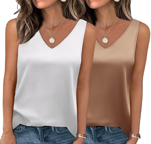 Zeagoo Pack de 2 Camisas de Satén para Mujer, Top Elegante de Seda, Camiseta Básica con Cuello en V, Camisetas de Tirantes para Verano, Blusa de Satén, Tallas XS-XXL, L