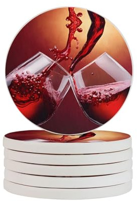 (Red Wine Glass Cheers) 6 pcs Personalized Diatomite Coasters Set Diatomaceous Earth Drink Bottle Coffee Coasters Cup Mats Home Coffee Bar Table Decor Accessories