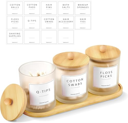 BIKALAN Glas Wattestäbchen Behälter, Schminktisch Badezimmer Organizer Set mit Tablett, Wattepadspender Make up Organizer für Wattestäbchen, Wattepads (Mattweiß-3er)